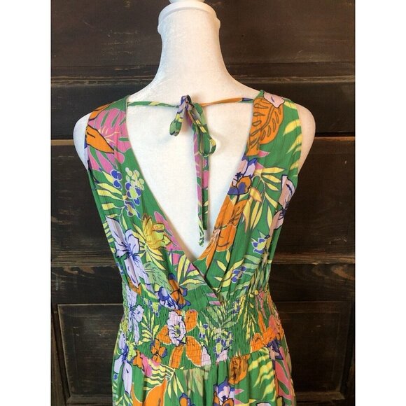 Easel Size S Dress Tropical Floral Sleeveless Flowy V Neck Long Maxi Green - Picture 6 of 11